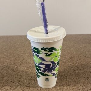 Starbucks White Floral Cold Cup with Green and Purple Accents